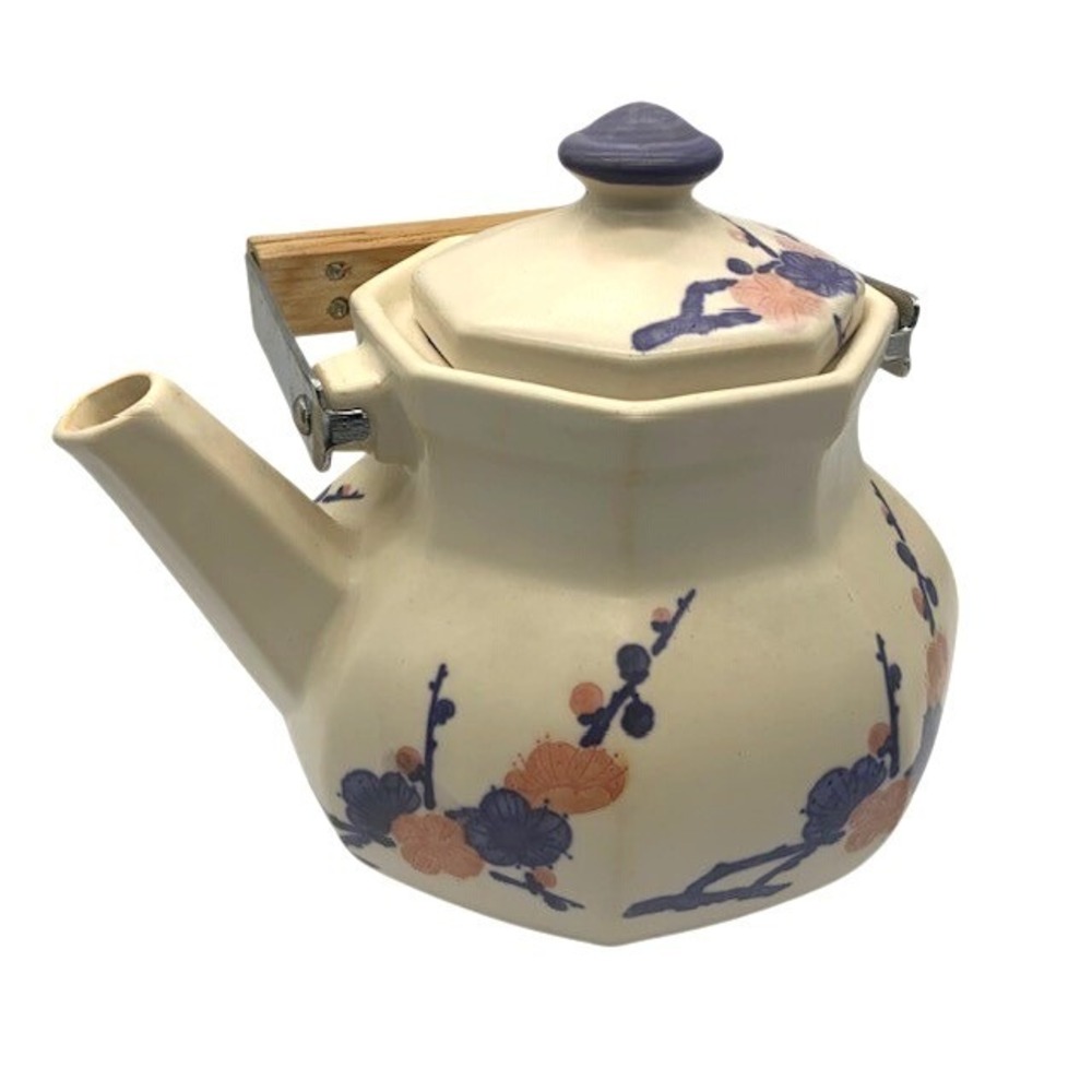 Vintage Ceramic Tea Kettle Floral Wood Handle Octagonal Cottagecore Retro Asian